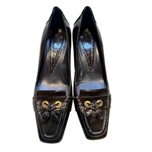 Baldi Italy Dark Brown Patent Leather Tassel Loafer Pumps Square‎ Toe Heels 37.5